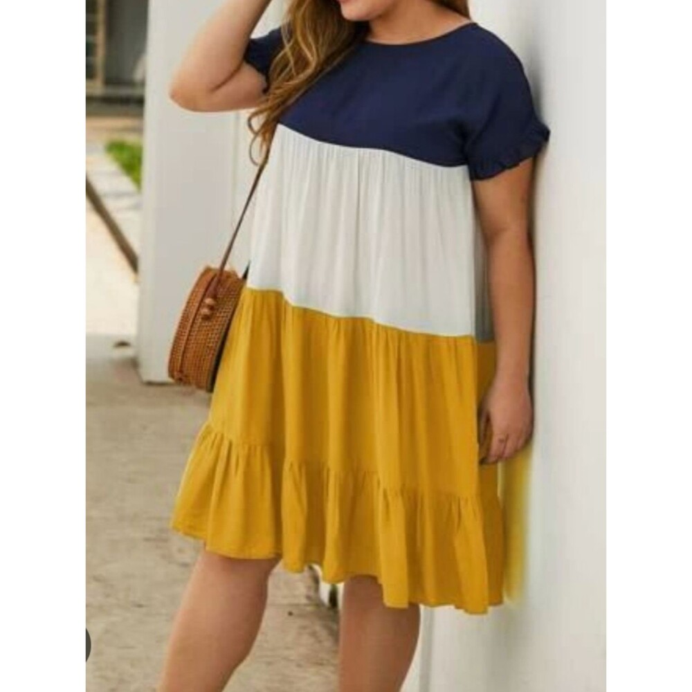 Tiered Colorblock Midi Dress in Navy, White & Mustard 2XL
